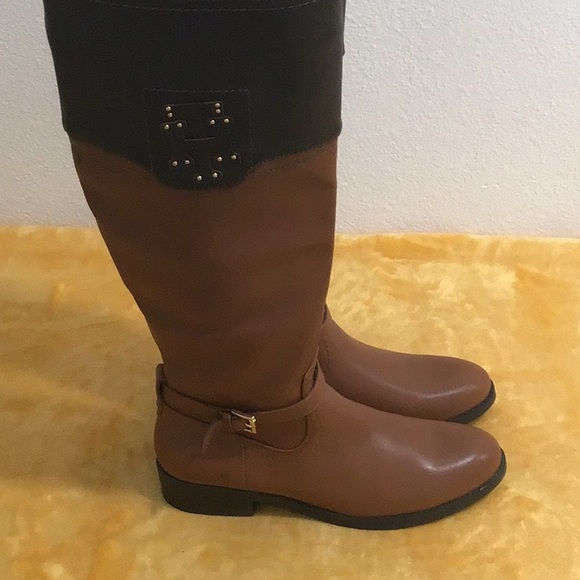 EUC. TOMMY HILFIGER Buckle Faux Leather Two-Tone Tall Riding Boots Side Zipper - Picture 8 of 16